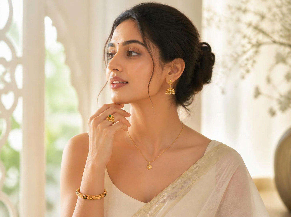 Model wearing a traditional Anniaura pendant with matching jhumkas